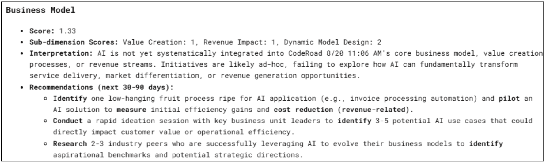 Business Model interpretation: score, sub-dimension scores, interpretation and 30–90 day recommendations