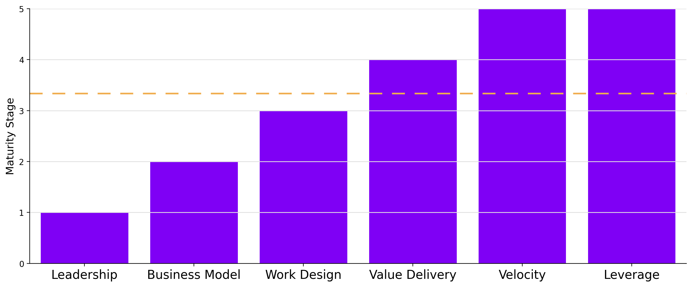 Maturity chart across leadership, business model, work design, value delivery, velocity, and leverage